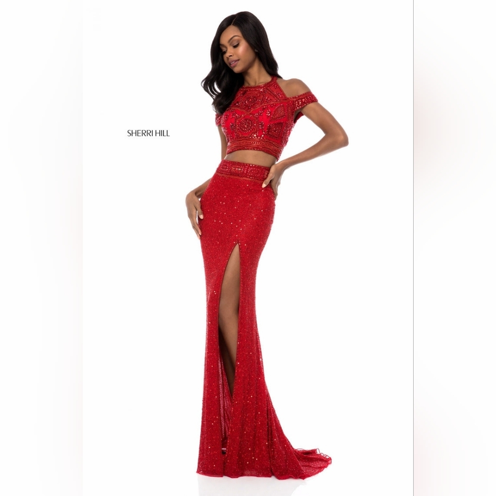 Sherri Hill #52009 Red Two-Piece Fully Beaded Prom Gown, Size 2